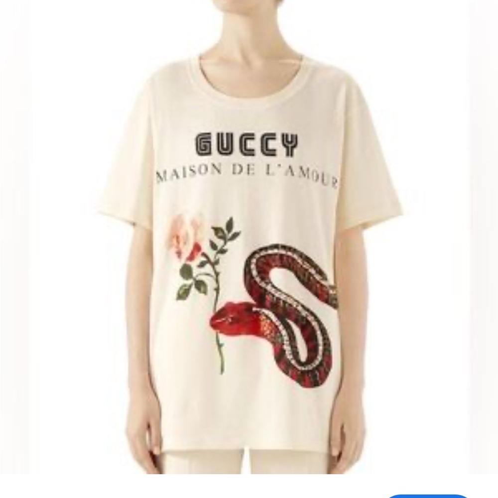 Gucci Cream T-shirt with Red Snake and Floral Design